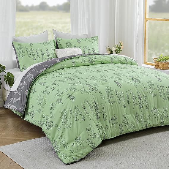 Qucover Coverless Duvet Double 7.5 Tog 200x200cm Coverless Quilt Green Grey
