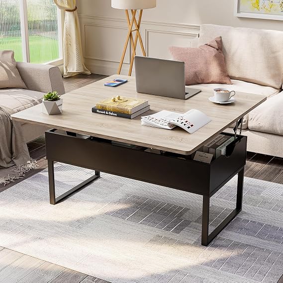 MSFE Lift-Up Coffee Table, 4 in 1 Multifunctional Living Room Table with Hidden Storage, Height Adjustable, Modern Convertible Table and Riser for Living Room Dining Room, Black and Wood