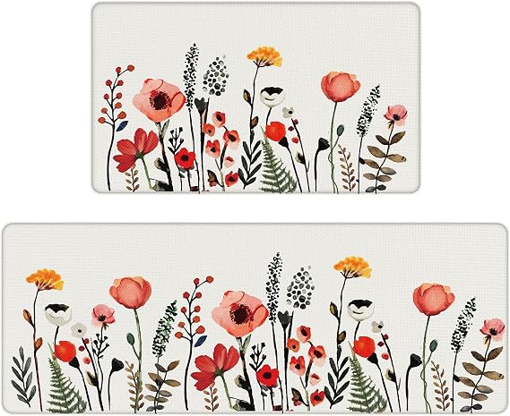 Renkli Çiçek Eğreltiotu Mutfak Paspasları Zemin için 2 Parça, Çok Renkli Çiçekli Mutfak Halısı 2'li Setler, Kaymaz Yıkanabilir, 17"x47"+17"x29", Kırık Beyaz