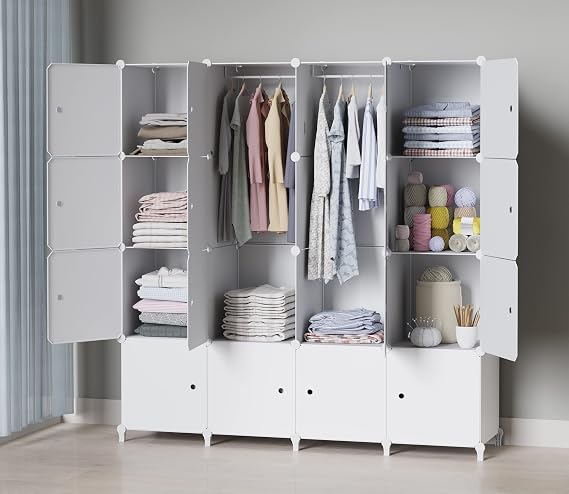 HOMIDEC Portable Wardrobe, 16 Cube Closet with 3 Hanging Rails for Bedroom