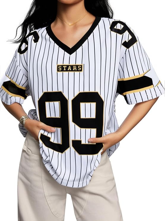 ジャージシャツ 女性用 フットボールファンTシャツ ゲームデー グラフィックTシャツ サンデー ファンデー シャツ Vネック Y2k ストリートウェア トップス