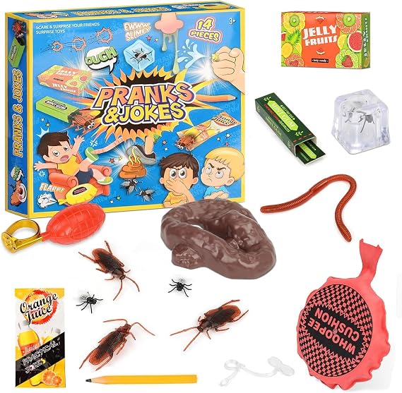 14Pcs Prank Kit, Funny Joke Toys Set with Whoopee Cushion, Fake Poo & Bugs