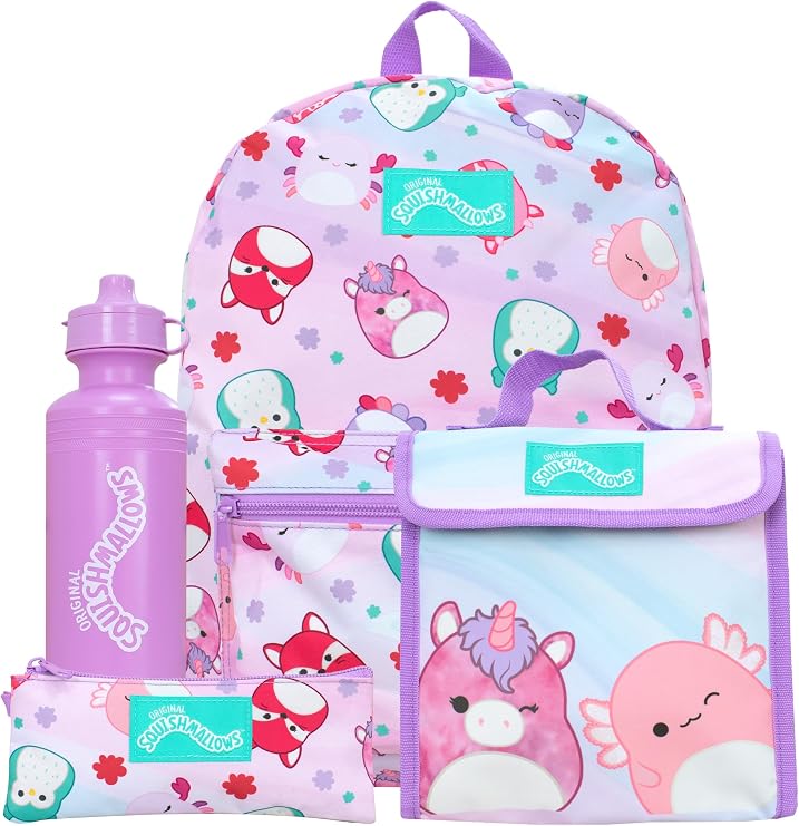 Squishmallows School Bag 4 Piece Set | Kids Backpack and Lunch Bag Set with Pencil Case and Water Bottle | Children's Backpacks | Official Merchandise (NDSM85636)