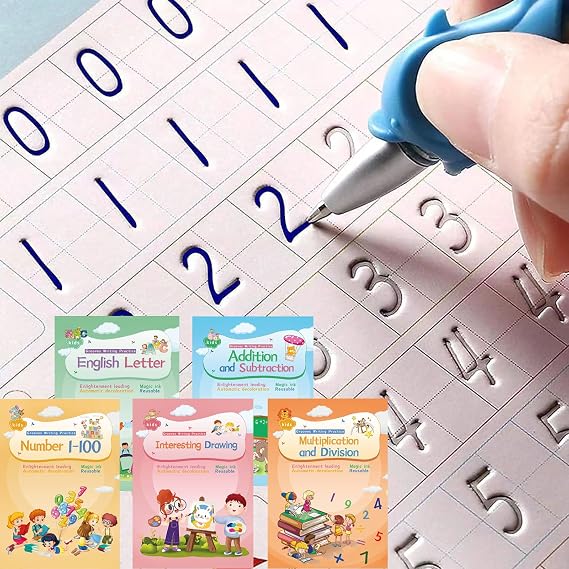 CosyCorner - Magic Activity Books for Handwriting Practice, Reusable Notebook with Magic Pen and Template Design with Slots for Kids (4 Books, 26 x 18 cm)