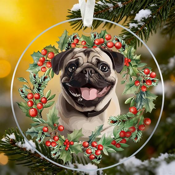 Pug Christmas Ornament 2025 - Christmas Ornaments for Dog Lovers, Large Size 3.94 in Personalized Acrylic Pet Ornament, Gift for Dog Lovers, Xmas Tree & Home Holiday Decoration (Pug)
