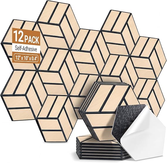 12 Pack Hexagon Acoustic Panels Self-Adhesive, High Density Sound Absorbing Panels for Walls, Soundproofing Foam Panels for Studio, Home Office, Gaming Room, Recording Room（Oak）