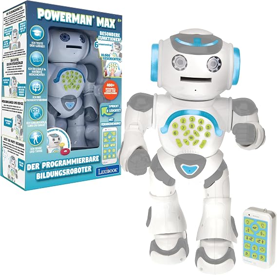Lexibook Powerman Max, Remote Control Walking Talking Toy Robot, STEM Programmable, Dances, Singing, Telling 10,000 Stories, Learning Quiz, Shooting Discs, Voice Repetition, ROB80DE