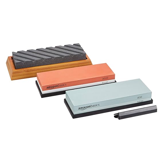 Amazon Basics Knife Sharpening Whetstone Kit, Dual-Sided 400/1000 and 3000/8000, Flattening Stone & Non-Slip Bamboo Base, 3 Count, Multicolored