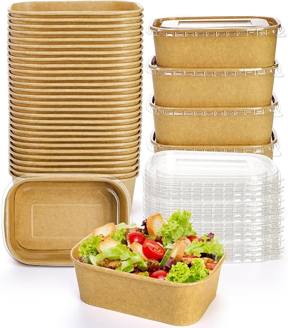 Yesland 50 Pack Compostable Take Out Food Containers with PP Lid, 25 Oz /740ml to Go Containers Rectangular Disposable Kraft Paper Bowls, Meal Prep Food Containers for Salad, Leftovers, Soup, Snack
