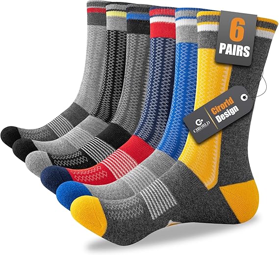 Cirorld Mens Socks 6 Pairs, Socks Mens Multipack for Work, Walking, Sports, Hiking, Running, Cycling, Breathable Cotton Socks, Cushioned Crew Socks, Anti-Blister, Anti-Odour, Moisture-Wicking