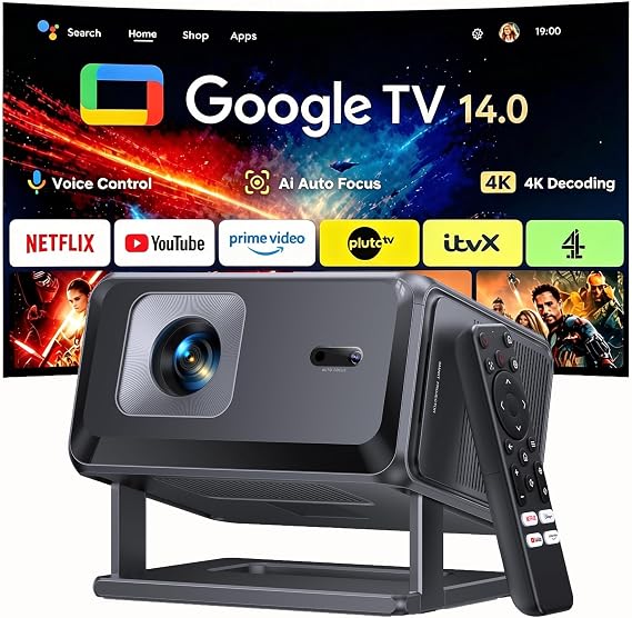 【Built-in Google TV】Smart 4K Projector for Home Cinema, Native 1080P Portable Short-Throw Projector with Apps, Auto Focus & 6D Keystone, WiFi 6 Bluetooth 5.3 Movies Projectors for Bedroom, Outdoor
