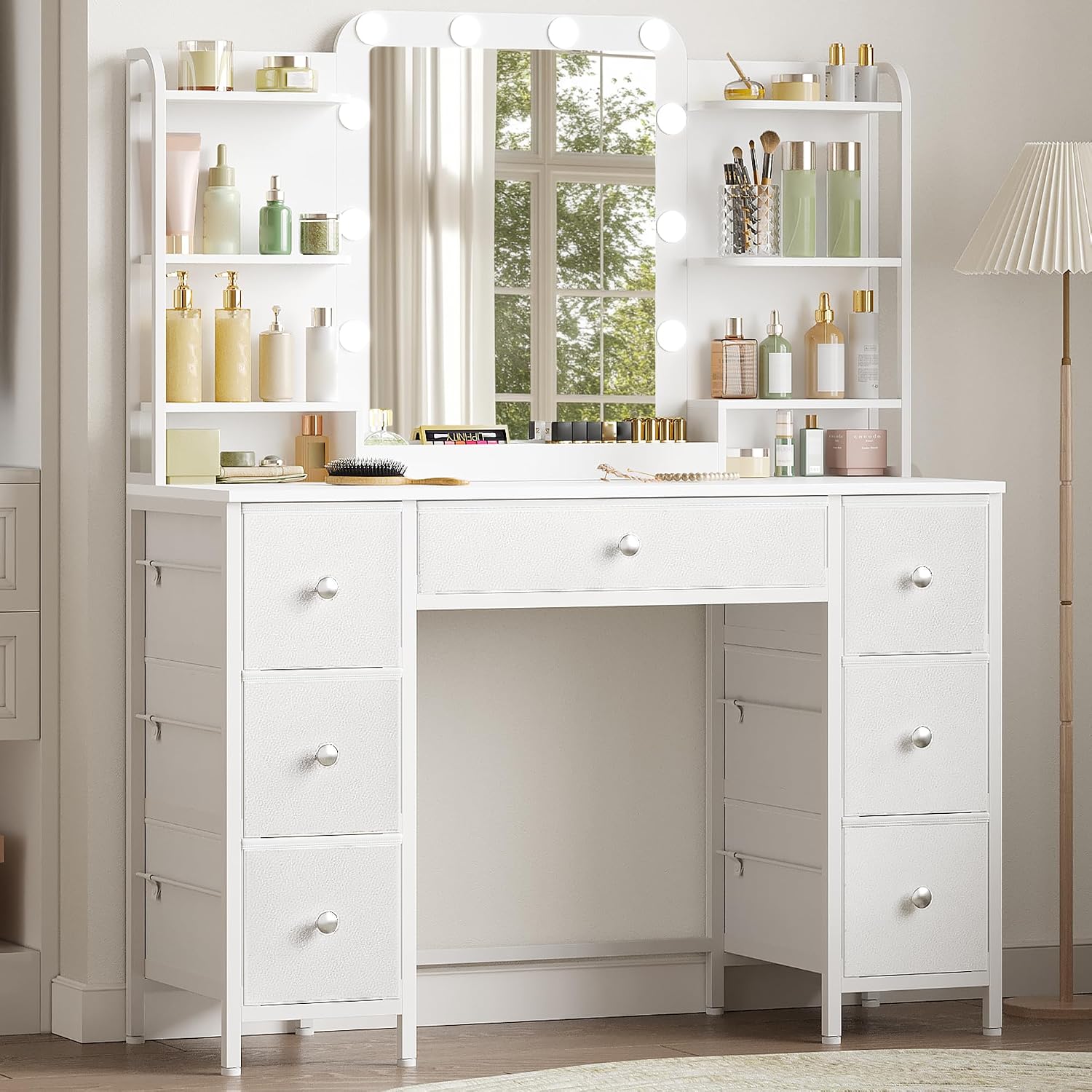 Hzuaneri Makeup Vanity with LED Lighted Large HD Mirror 7 Drawers 6 Shelves Makeup Vanity with Light Bedroom Dressing Room Modern White DT42303XEU