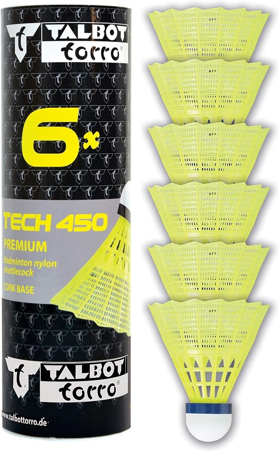 Talbot-Torro Badminton Shuttlecock Tech 450, 6 pieces, Yellow, in Premium Nylon