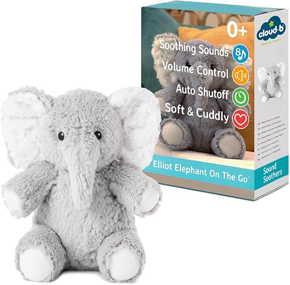 Cloud b Elliot Elephant On The Go - Award-Winning Plush Travel Size Soothing White Noise Machine Baby Sleep Aid | Soft, Cuddly Comfort | Auto Shut-Off