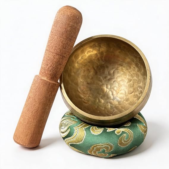 Tibetan Singing Bowl Set, Hand-Hammered Solid Brass, 8cm, for Meditation, Yoga and Chakra Healing, Cushion and Mallet Included, Unique Gift for Women & Men