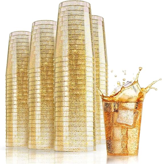 Woobroo 50 Pack Plastic Cups, 285ml/10oz Plastic Party Cups with Gold Glitter Reusable Plastic Glasses, Tumblers, Gold Cups for Drinks, Cocktail, Dessert, Wedding, Parties,Christmas