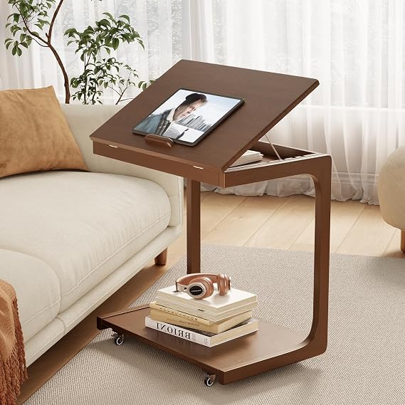 AQIMUELE Wooden C-Shaped End Table,Couch Table with Adjustable Desktop,Small Rolling Side Table with 2 Lockable Wheels 60 Width,Small End Table for Couch, Living Room,Bedroom (Walnut)