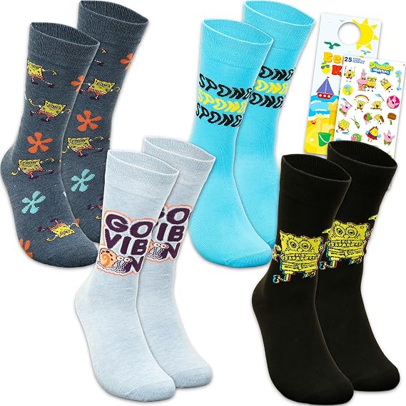 Spongebob Socks for Men Set - Bundle with 4 Pairs of Crew Socks for Men Shoe Size 10-13 Plus Stickers, More | Spongebob Squarepants Apparel Gift Set