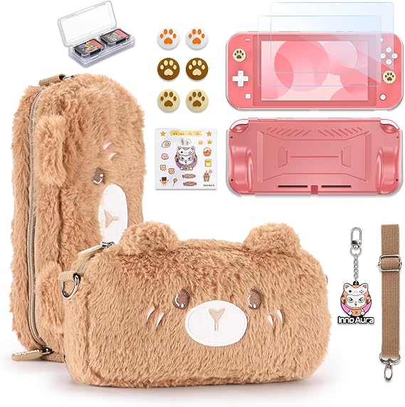 innoAura Switch Lite Case, 14-in-1 Accessories Bundle with Carrying Case, Screen Protector, Game Case & Thumb Caps (Brown Bear)