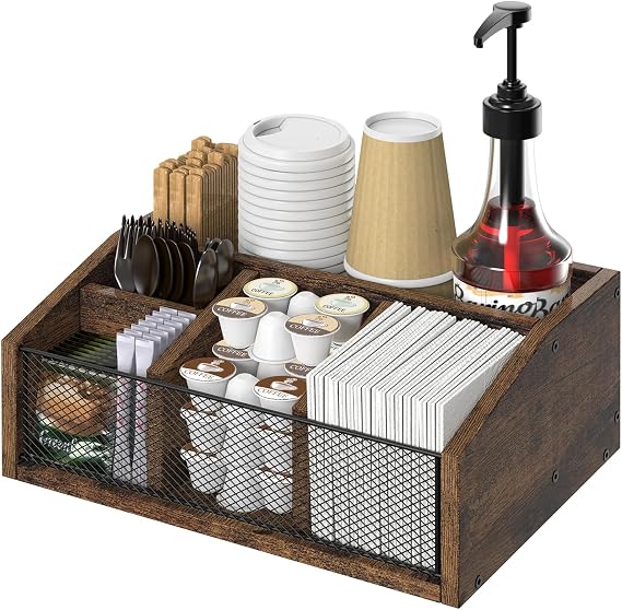 Wooden Coffee Shop Organizer, 5 Compartment Coffee Shop Accessories Organizer with Dividers for Office - Perfect for Napkins, Sugar, Tea Supplies, Coffee Pods