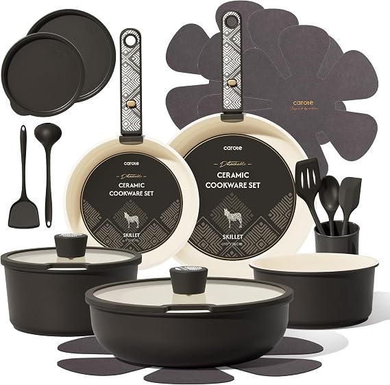 CAROTE 21 Piece Non-Stick Ceramic Cookware Set with Removable Handles, Non-Toxic, Induction Compatible, Dishwasher and Oven Safe, Charcoal Color.