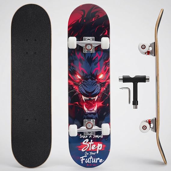 31 Inch Complete Skateboard for Beginners, Kids, Teens & Adults, Cartoon Double Kick 9-Layer Maple Deck, ABEC-11 Bearings, 97A PU Wheels, Fully Assembled for Skate Park & Street