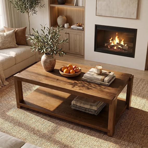 47 Inch Farmhouse Solid Wood Coffee Table with 2-Tier Open Storage Shelf, Rectangular Rustic Cocktail Table with Thick Block Legs for Living Room Home, Brown