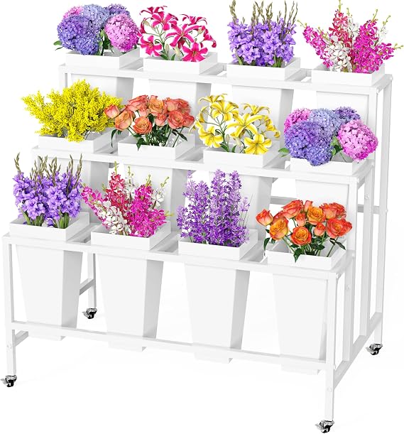 Putros Flower Display Stand with 12 Buckets, Floral Cart with Wheels, White