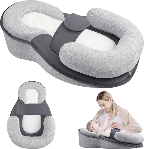Baby Wedge Pillow for Newborn, Baby Feeding Pillow with Adjustable Safety Strap, Reflux Breastfeeding Nursing Pillow for Reducing Spit-Up, Bottle Feeding Support for Newborn