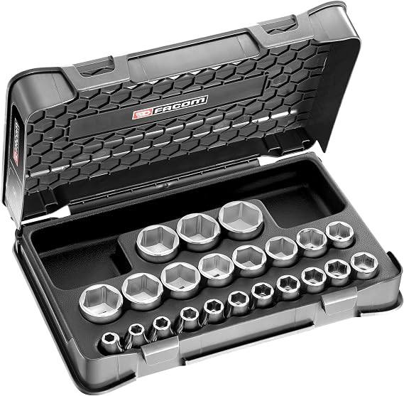 Facom - Set of 1/2 inch 6 Metric Sockets - S.401B - Complete Tool 22 Pieces - Includes 22 Sockets, 1 Pictogram Sheet, 1 Empty Box and 1 Thermoformed Tray - Robust Tools