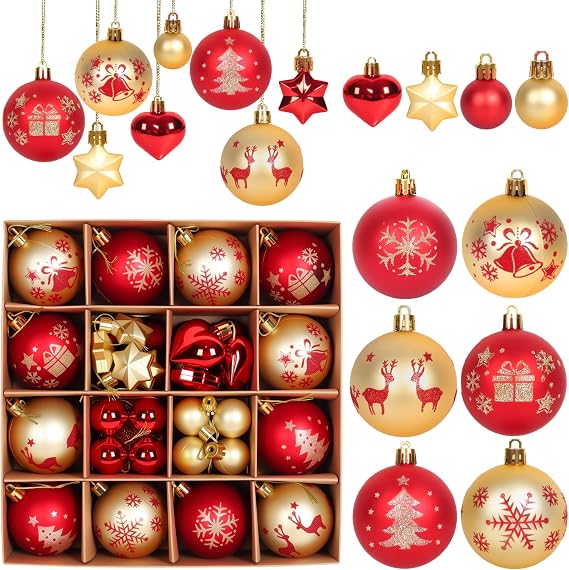 Christmas Tree Decorations,44 Pcs Christmas Baubles with Red & Gold Balls,Shatterproof Hanging Ornaments for Xmas Tree Decorations Holiday Home Party(3CM-6CM)