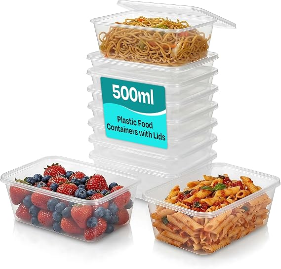 We Can Source It Ltd - 50 x 500ml Plastic Microwave & Freezer Safe Food Containers with Lids - BPA-Free, Reusable, Takeaway Meal Prep Containers - Catering Grade Food Storage Boxes for Home & Business
