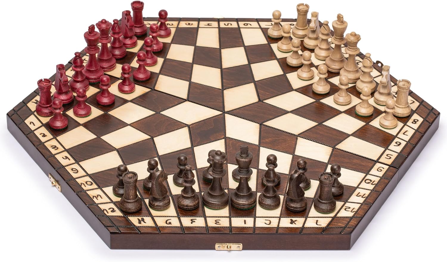 Husaria Wooden Three-Player Chess Game Set - 54 centimeter - with Foldable Board, Handcrafted Playing Pieces, and Felt-Lined Storage