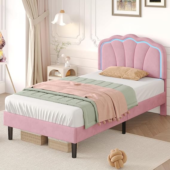 BTM Upholstered Single Bed, Single Bed Frame with Adjustable Shell Shape Headboard, LED Light and Solid Wood Slats, 3ft-90x190cm Velvet Pink Bed, No Mattress