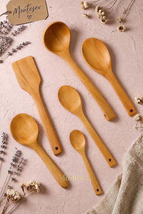 Ahşap Tahta Mutfak Kaşık Seti 6 Parça Kayın, Şimşir Ve Bambu Ağacı Ağaç Kaşık MNT-016