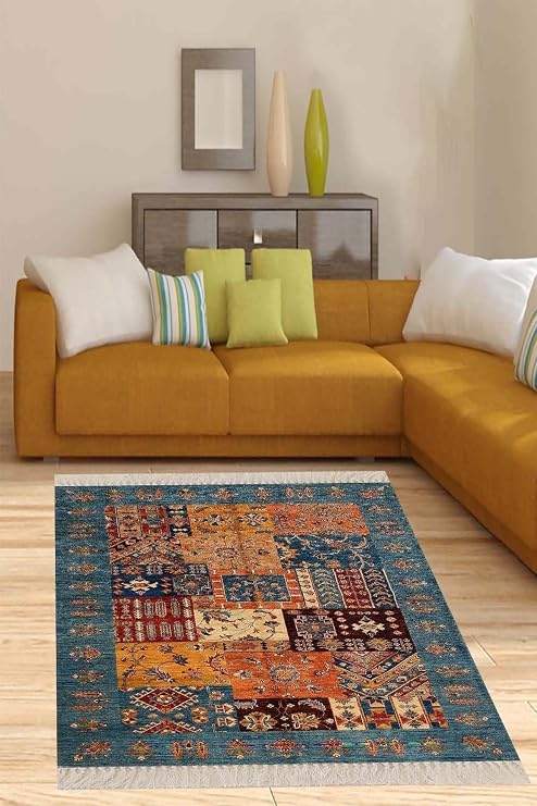 Pelangi Kırkyama Patchwork Kilim Desenli Etnik Dijital Baskı Yıkanabilir Modern Salon Halı Ve Yolluk, Petrol-Turuncu 120 x 200