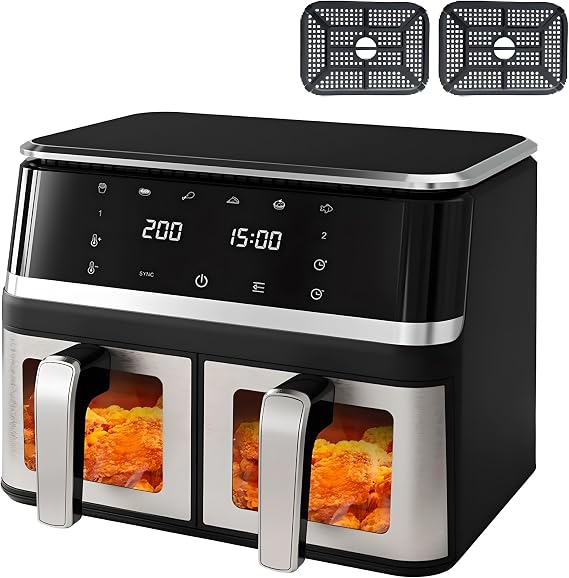 Dual Air Fryer, 10L Family Size Double Air Fryer Oven with 6-In-1 Digital Smart Programmes Digital Display, Visual Window, Timer for Oil Free & Low Fat Healthy Cooking Double-chamber
