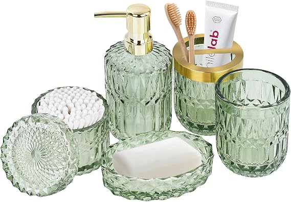 5pcs Glass Bathroom Accessories Set, Bathroom Accessories Complete Set, Soap Dispenser, Toothbrush Holder, Soap Dish, Tumbler, Cotton Swab Jar, Modern Bathroom Decor, Bathroom Accessory Set Green