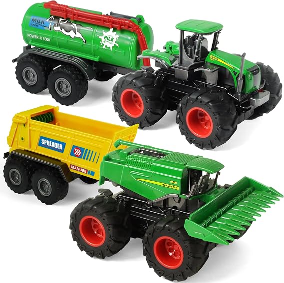 Combine Harvester Tractor with Trailers, 4PCS Farm Vehicles Set