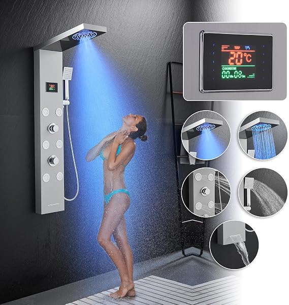 5 in 1 Shower Tower Panel Hydro-Powered LED, Silver Stainless Steel