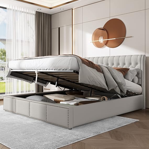 Upholstered Bed, Super King Size 6ft 180x200cm, Hydraulic Storage, Linen, Light Grey, Rivet Decoration