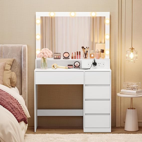 VASAGLE Dressing Table, Large Lighted Mirror, 5 Drawers, Power Outlets