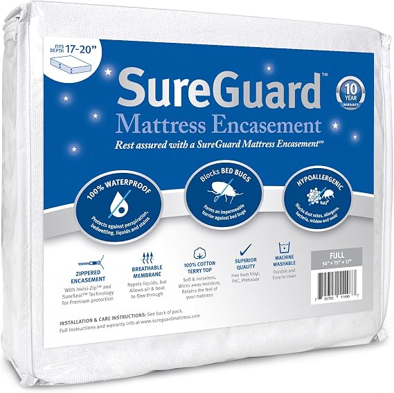 SureGuard 100% Waterproof Bed Bug Proof Hypoallergenic Mattress Encasement with Luxury Zippered Six-Sided Coverage, Full, White COMINHKG050819 | 6面防水、トコジラミ防止、低刺激性ダニマットレスカバー、ソフトでノイズレスで通気性のあるコットンテリートップパッド。