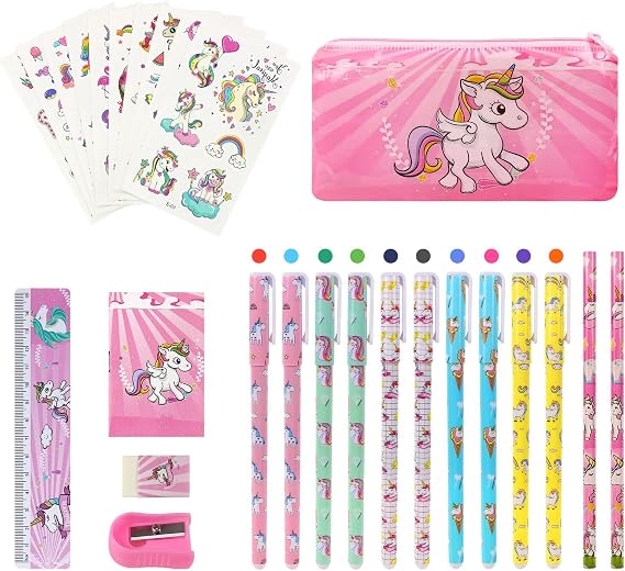 Vicloon Unicorn Gift for Girls, 27Pcs Unicorn Stationery Set School Supplies with Waterproof PVC Pencil Case, Notebook, Pens, Pencils, Sharpener, Eraser, Ruler, Unicorn Tatto Toys Gift Sets