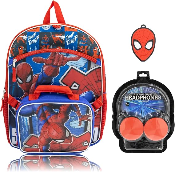 Marvel Spiderman Backpack Set for Boys | Spiderman Bookbag with Lunch Bag, Headphones, and Dangle | Kids School Spider-Man Backpack | Ages 3+