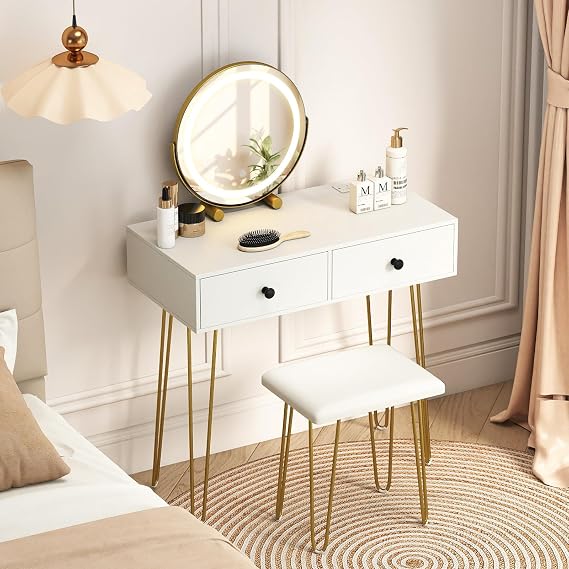 COSTWAY Dressing Table with 360° Rotation LED Mirror and Stool, Makeup Table Vanity Desk Set with Charging Station, 3-Color Lights, Adjustable Brightness & 2 Drawers for Bedroom (White+Gold)