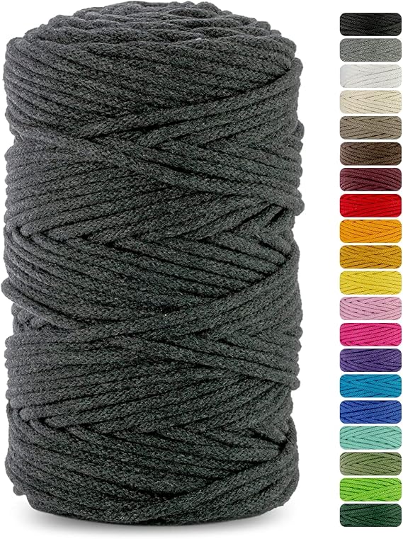 Netuno 1x Macrame Cord Braided Macramé Yarn Anthracite Grey 3 mm x 100 m 0,12 inch x 3 937 inch Natural Twine String Cotton Cord Ideal Project Hanging Baskets DIY Handbags Decoration