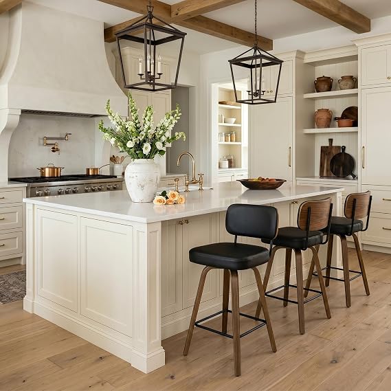Bekrvio Swivel Bar Stools Set of 3, 65CM Upholstered Faux Leather Barstools with Back and Bent Wood Legs, Mid Century Modern Bar Chair Island Stool for Kitchen Counter, Black
