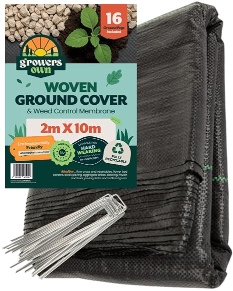 Woven Ground Cover & Weed Control Membrane – 2m x 10m Heavy Duty & UV Stabilised Permeable Weed Barrier Fabric for Garden, Greenhouse, Mulching & More. 8 Ground Pegs Included. 1 Pack