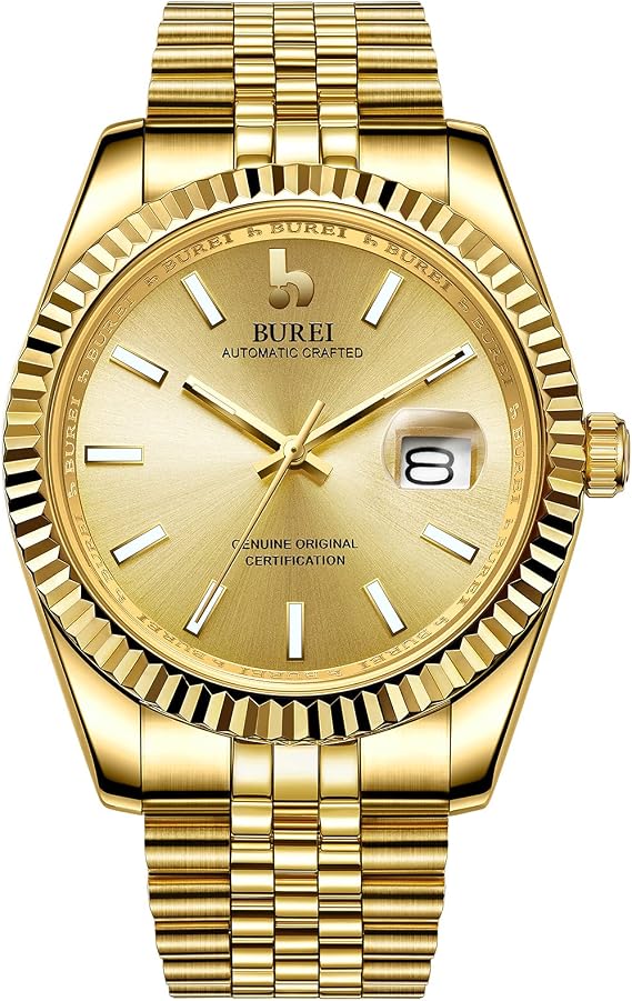 BUREI Men's Automatic Watches 24 Dial Analogue Calendar Window Display Sapphire Glass with Two Tone Stainless Steel Band gold